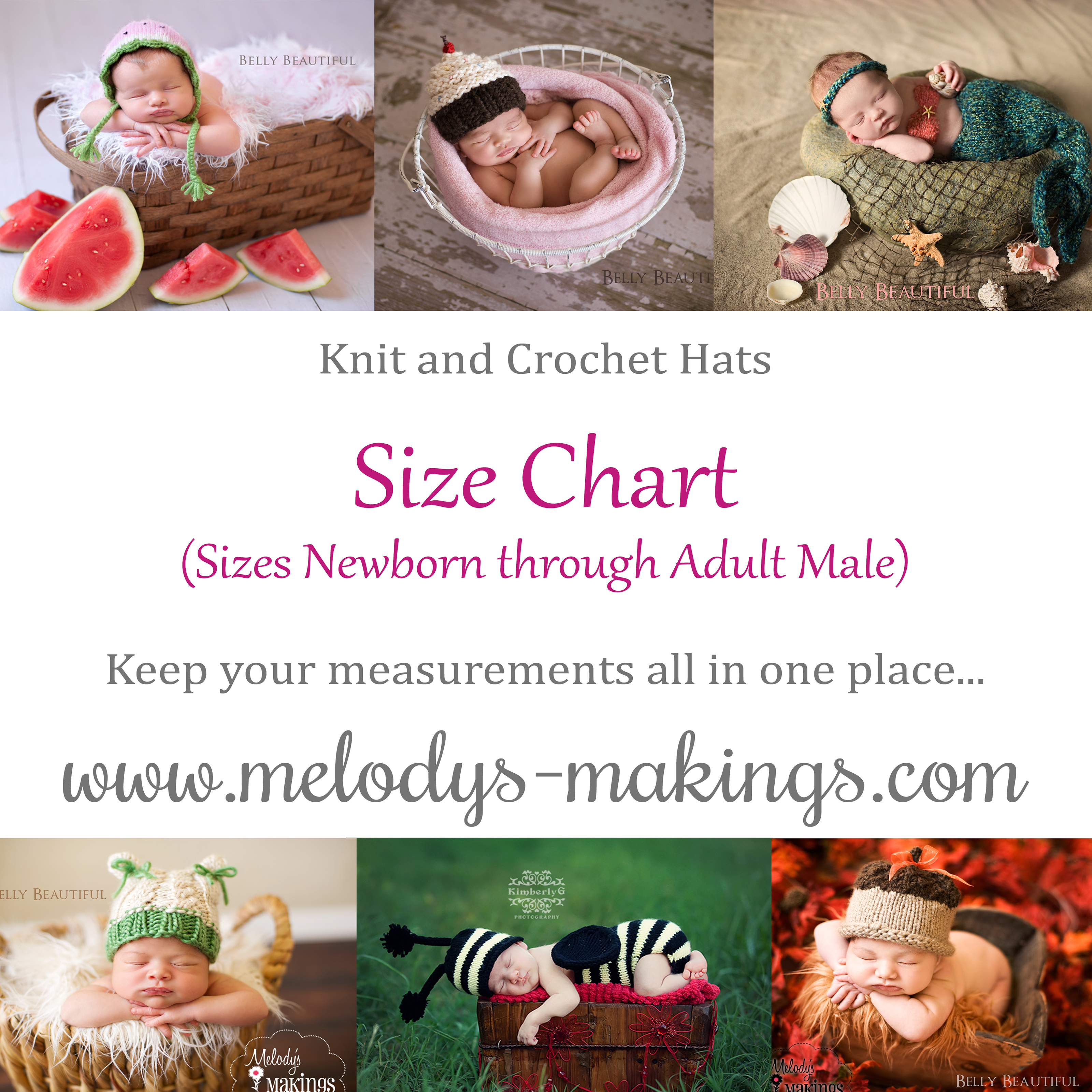 Measurement Chart, Size Chart for making hats, crochet, knit