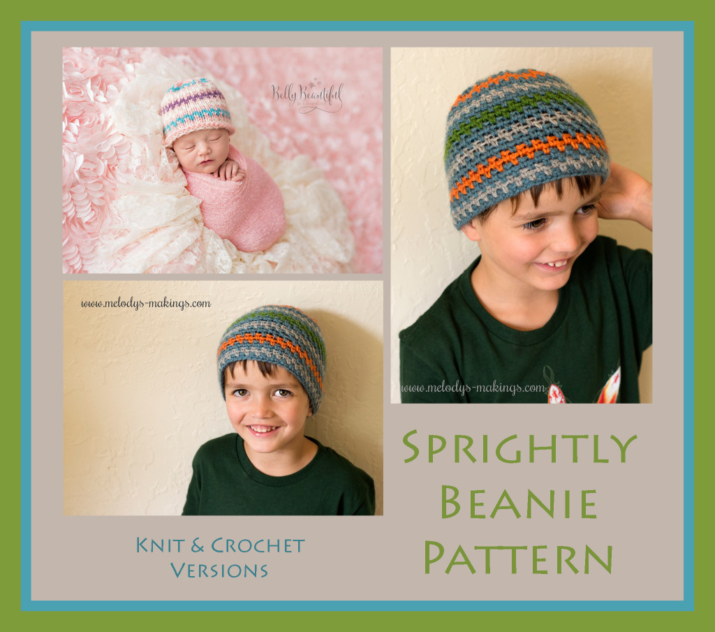 Sprightly Beanie Pattern. Available in either a knit or a crochet version and including all sizes Newborn through Adult.