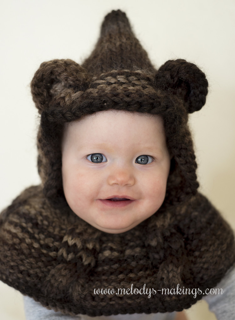 Cabled Bear Hooded Cowl Knit Pattern